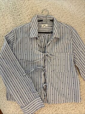AERIE Blue and White Striped Tie-Front Blouse